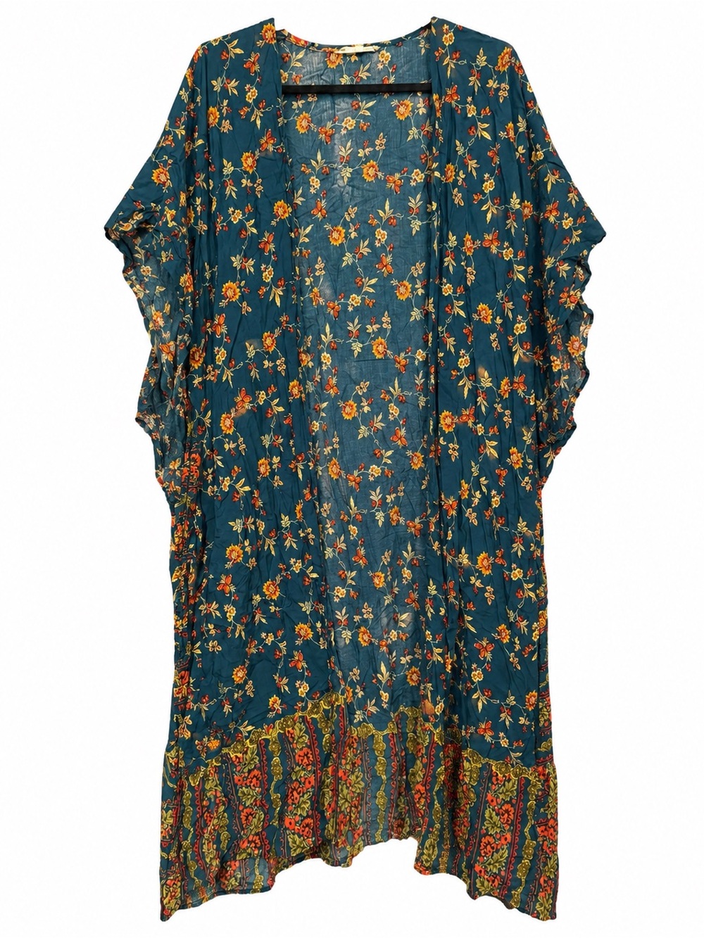 easel Teal Floral Maxi Kimono Tie Dress with Orange Accents